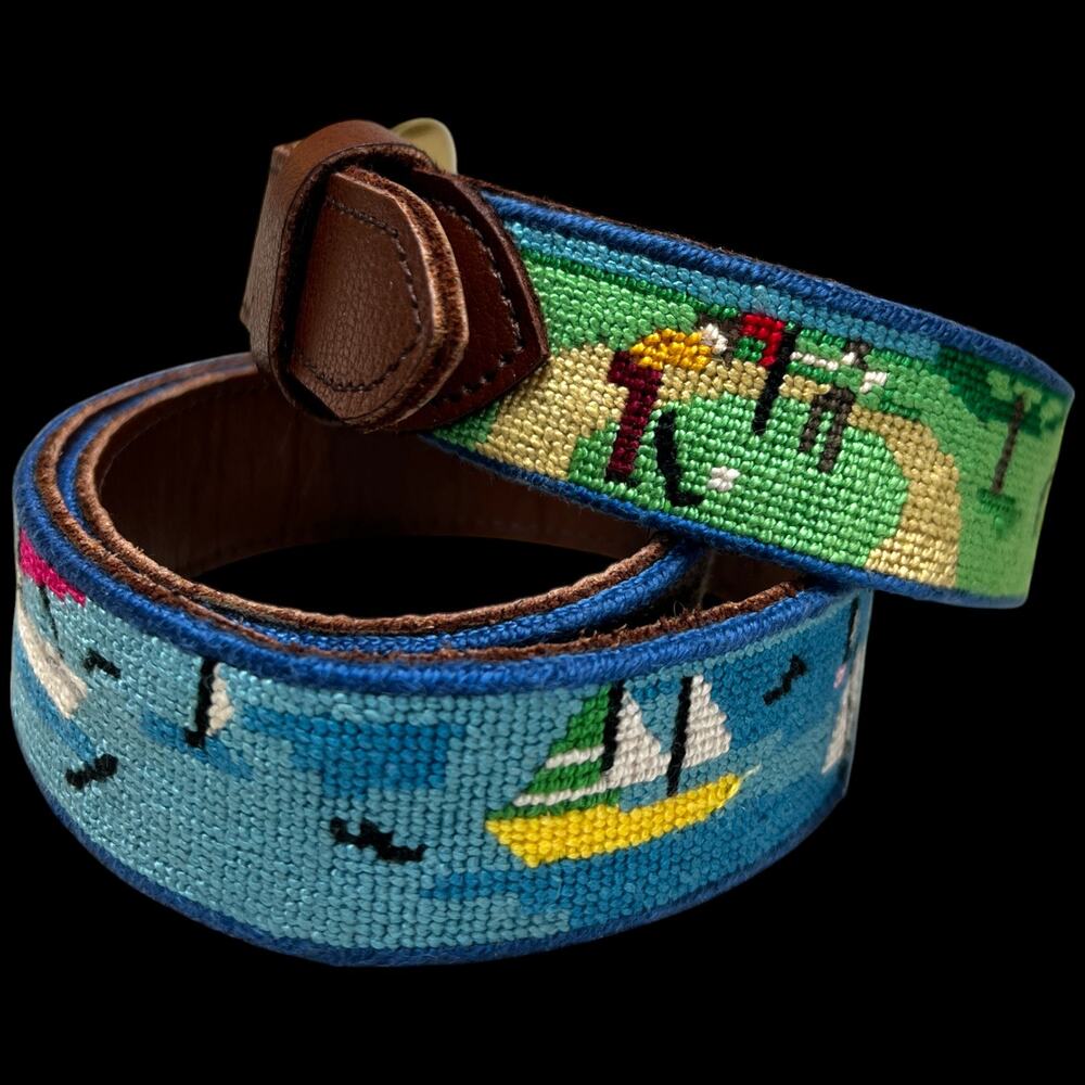 Needlepoint Leather Belt Size 38 Hand stitched Summer Fun Golfing Boating Home - Picture 2 of 12